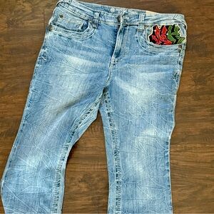 Ninth Hall Eagle Signal Fracture Stacked Flare Jeans: Size 34